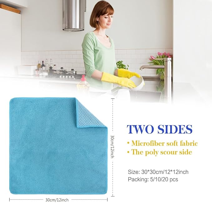 SINLAND Microfiber Dish Cloths for Washing Dishes Towels Best Kitchen Washcloth Cleaning Rags Cloths with Poly Scour Side - Used for Plates, Bowls and Dishes, 5 Color Assorted 12inchx12inch 10pack