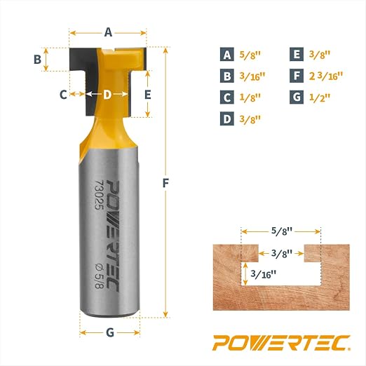 POWERTEC T Track Router Bit, Tungsten Carbide Tipped Router Bit, 1/2" Shank, 5/8" Dia., Slatwall, T Slot for Picture Frames, Compatible with 1/4" & 5/16" T Track Bolts, 2PK (73025-P2)