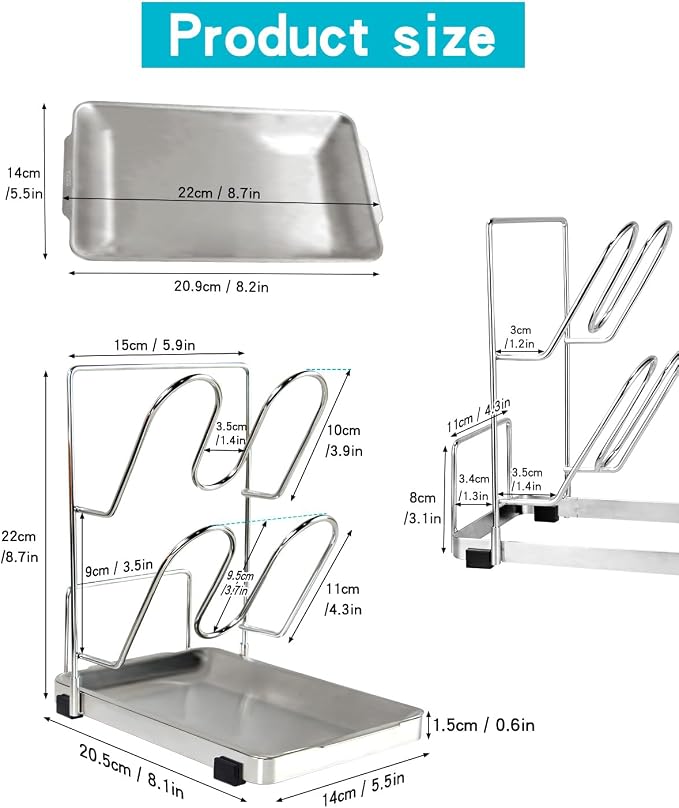 YQh Pot Lid Holder, Two-Compartment Stainless Steel Cooking Rack, Spoon Rest with Lid Holder, Spatula Holder for Counter, Stove Top Shelf Spoon and Lid Rest, Pot Lid Organizer