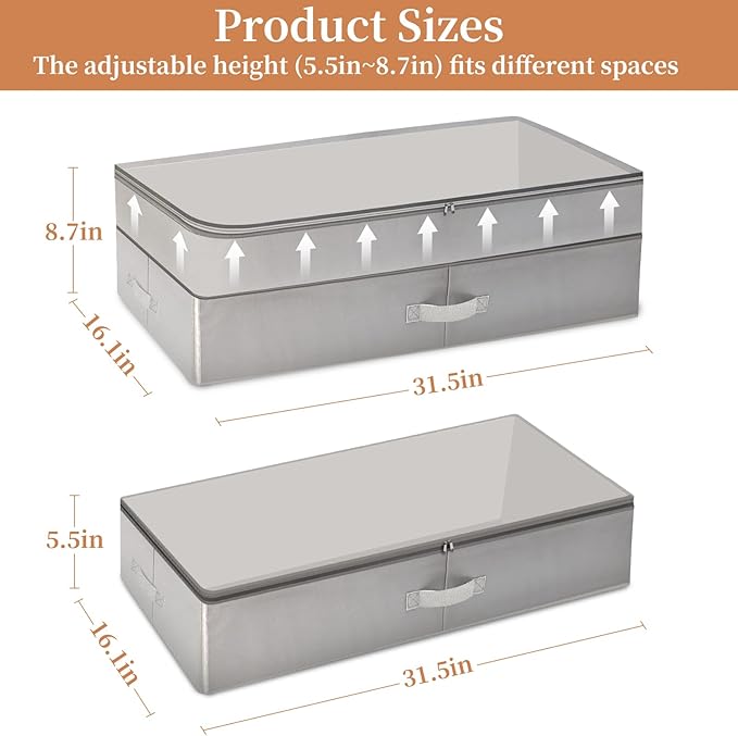 Under Bed Storage with Adjustable Height, Pack of 2 Under the Bed Storage Containers for Clothes, Blankets, & Shoes - 80L Zippered Organizer for Bedroom with Clear Window