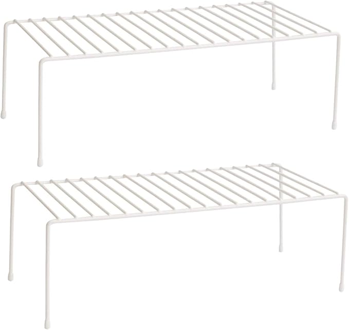 Lonian Kitchen Cupboard Organiser, Home and Kitchen Storage Shelf Wire Rack Made of Metal for Kitchen Cabinets, Counter-Tops, Pantries, Food and Utensils - White (Pack of 2)