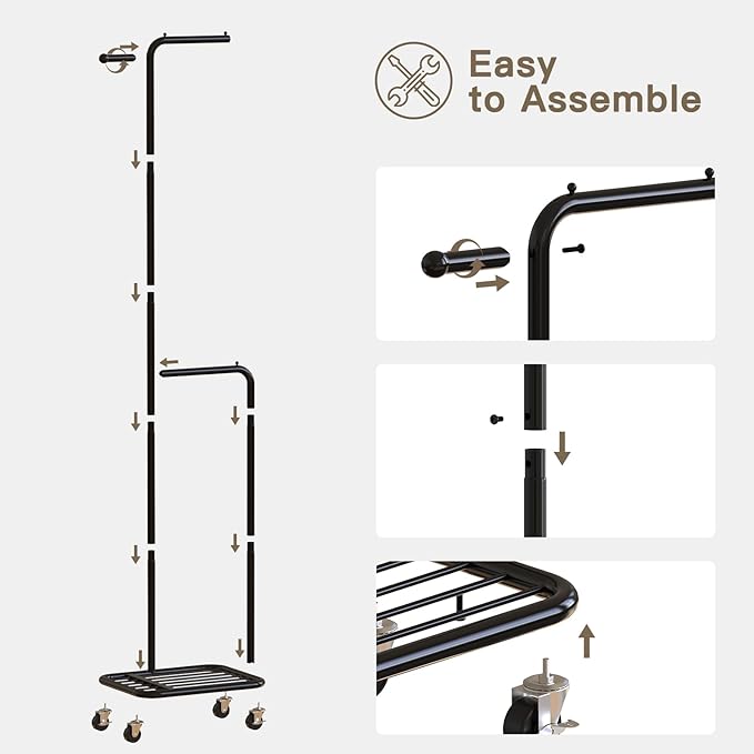 Small Rolling Clothing Rack with Shelf, Narrow Clothes Rack with Wheels | Gasvadivum 71" Tall Sturdy Metal Garment Rack with Hanging Rod, Freestanding Portable Coat Rack for Bedroom, Entryway, Black