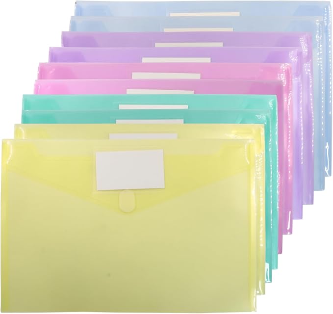 10 Pcs Plastic Envelopes A4 Letter Size | Plastic File Folders, Document Organizer, Label Pocket, Waterproof, School Office Home Supplies