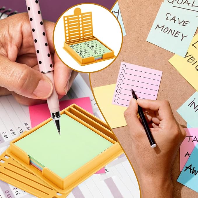 Sticky Note Holder with 5 Different Stencil & 100 Sheet Post It Notes, 3x3 inch Sticky Pads Dispenser with Line Box Drawing Template for Office and Home(COLOR:yellow)