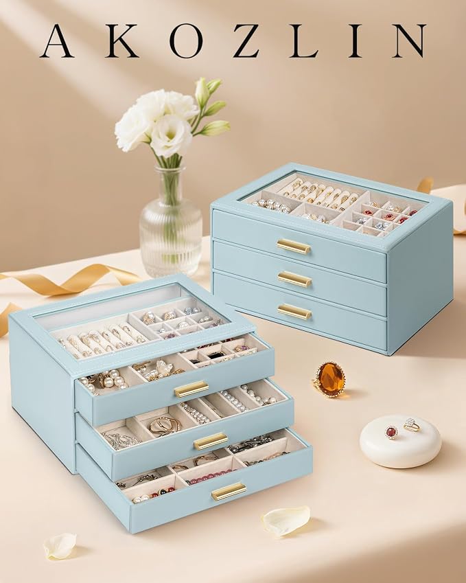 AKOZLIN Jewelry Box with Clear Lid Functional Leather Jewelry Storage Organizer Case 3 Drawers for Women Girls Necklace Ring Bracelet Earring