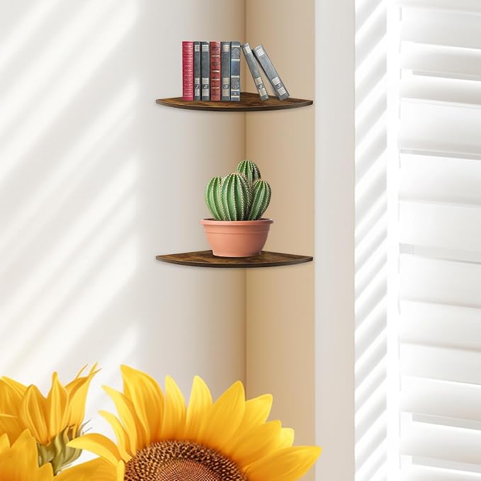 JJL Corner Shelves, 12 Inch Deep Corner Shelf Wall Mounted with Wire Hole, 4 Tier Circular arc Corner Hanging Shelving for Wall Storage, for Speaker, Cable Box, Rust Brown