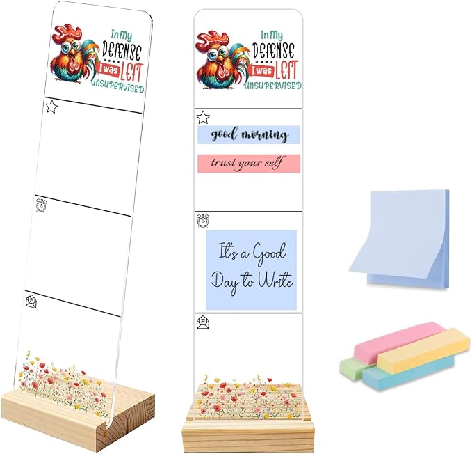 Sticky Note Holder, Monitor Memo Board, Acrylic Post It Note Holder with Wooden Base, Includes 200 Notes, Desk Organizer, Funny Rooster Quote “in My Defense I was Left Unsupervised”