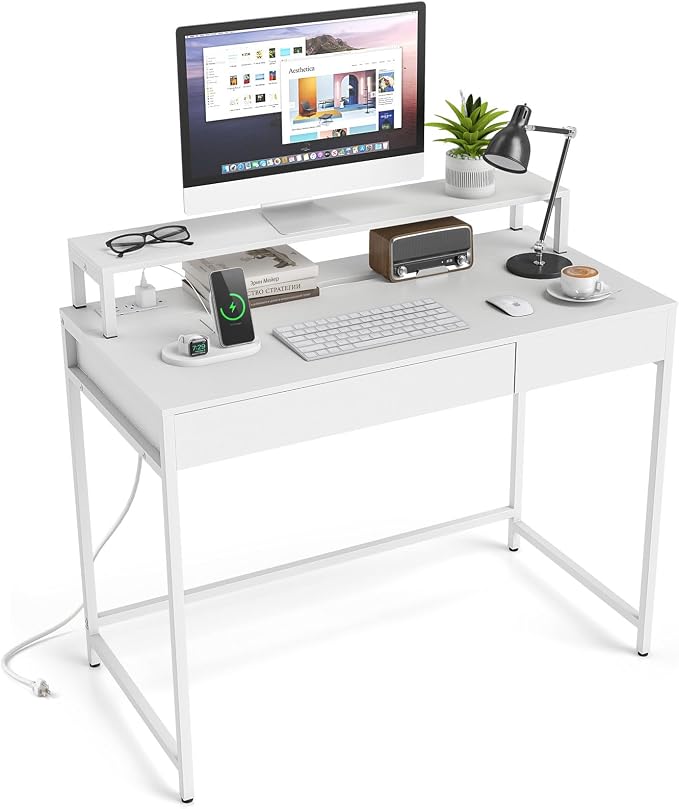 Tangkula Computer Desk with Dual-use Drawer & Keyboard Tray, Home Office Desk with Removable Monitor Shelf & Power Outlets, Modern Writing Desk Study Table for Home Apartment Dorm (White)