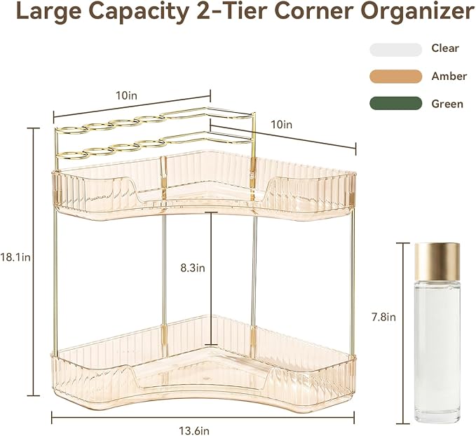 2-Tier Corner Bathroom Counter Organizer with Makeup Brush Holder, Gold | Large Makeup Organizers for Vanity, Corner Bathroom Countertop Organizer for Cosmetic Perfume Skincare Storage