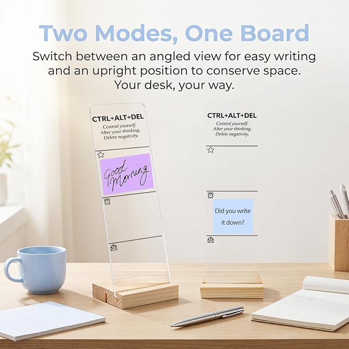 Sticky Note Holder, Monitor Memo Board, Sticky Note Board for Desk, Acrylic Desk Buddy with Wooden Base, Includes 200 Notes, Inspirational “Control Yourself Alter Your Thinking Delete Negativity”