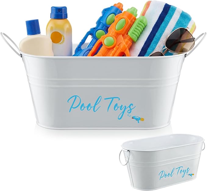 Blulu 10.6"x4.7" Pool Toy Storage Bucket Metal Poolside Basket Above Ground Pool Bin Summer Basket Outdoor Storage for Sunscreen Goggles Flip Flop Spf Swimming Camping Beach Accessories Decor