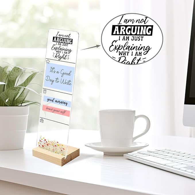 Sticky Note Holder, Monitor Memo Board, Acrylic Post It Note Holder with Wooden Base, Includes 200 Notes, Desk Organizer Funny Arguing Quote