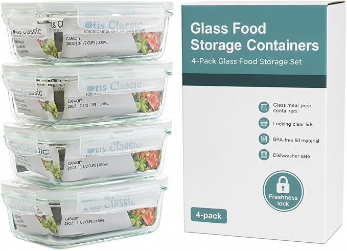 otis classic Glass Food Storage Containers With Locking Lids - Meal Prep Containers - Lunch Bento Boxes - 1 Compartment - 4pk-28oz Box Set - Transparent Lids - BPA Free and Dishwasher Safe