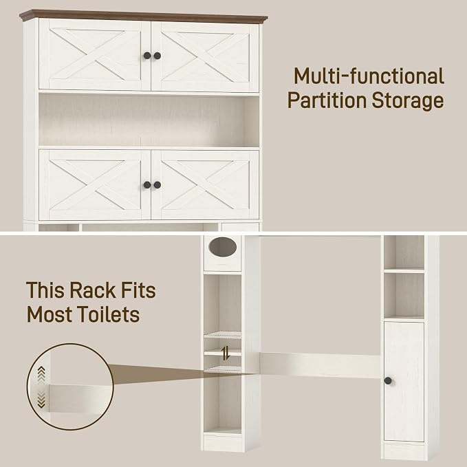 Over The Toilet Storage Cabinet, Farmhouse Storage Over Toilet with 4 Barn Doors & Adjustable Shelf, Space Saving Bathroom Organizer with Toilet Paper Holder Stand for Bathroom, Laundry, Rustic White
