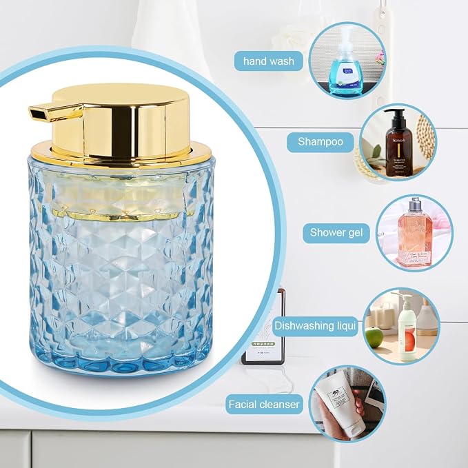 10 Oz Glass Hand Soap Dispenser with Pump, Refillable Bathroom Gold Foaming Soap Dispenser, Vintage Glass Diamond Lotion Container Bottle for Bathroom and Kitchen (2, Blue and Gold)