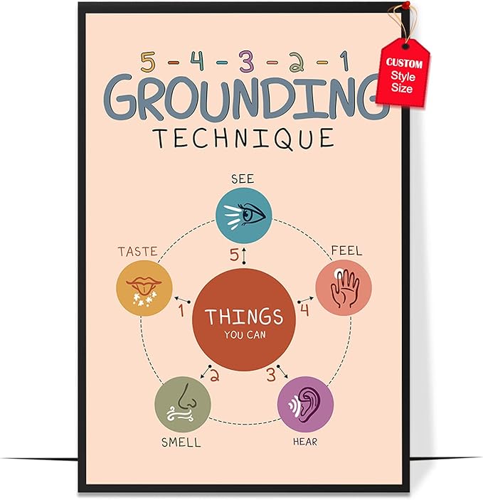 LOLUIS Mental Health Poster, Boho Therapy Tools Educational Supplies Art Print Classroom School Office Decor (Grounding Technique, Custom Frame Type)