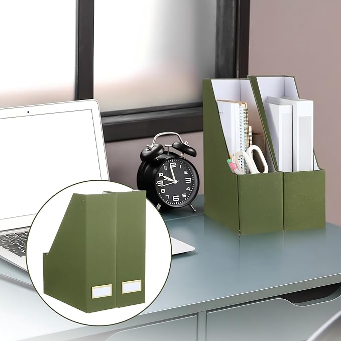 Gueevin Set of 6 Magazine File Holders, Sturdy Cardboard Desk Magazine Organizer with Gold Label Slots, Foldable File Folder Rack for Home Office Classroom Library(Green)