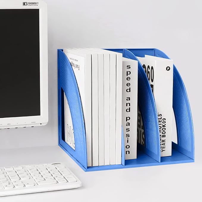 Marte Vanci Magazine File Holder Book Desktop Organizer Plastic Storage Sturdy Vertical 3 Section Folder Blue