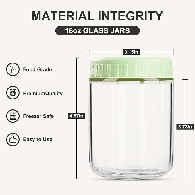 SHOWIN Overnight Oats Containers with Lids, 16oz Glass Jars with Lids 4 pcs, Light Green, Wide Mouth Mason jars for Salad, Yogurt, Snacks, Meal Prep