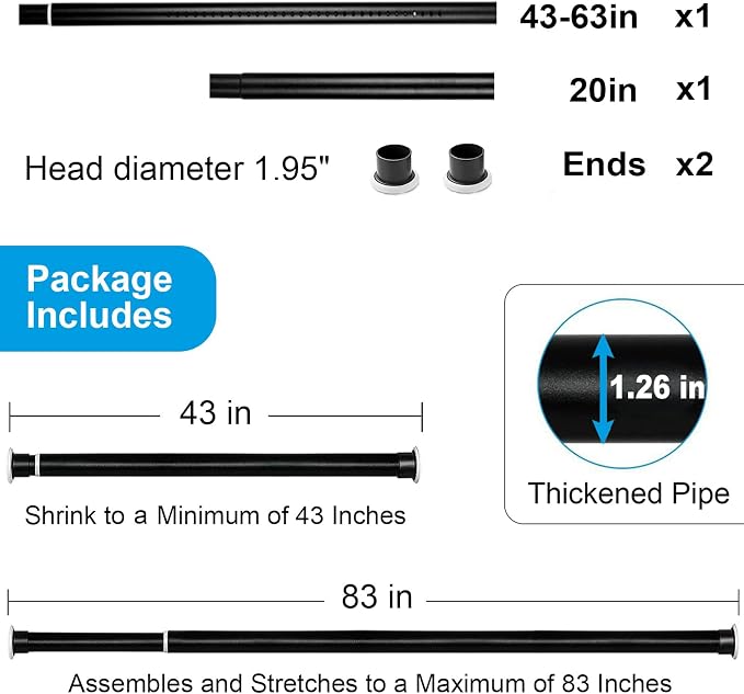 Large Long Tension Curtain Rod 43-83 in (3.6-7 ft) | 1.26" Diameter, Spring Adjustable Heavy Duty Curtains Pole for Windows Door Bathroom Patio Outdoor No Drilling, Black