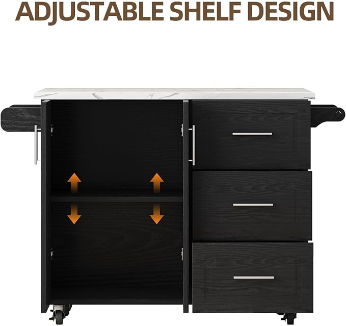 4 EVER WINNER 43" Modern Kitchen Island on Wheels with Drop Leaf & Storage, Faux Marble Tabletop, 3 Drawers with Spice Rack & Towel Rack, Rolling Kitchen Cart for Small Space, Black