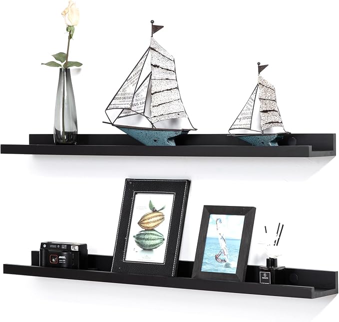 AZSKY 36 Inch Picture Ledge Shelves Set of 3, Rustic Wood Floating Shelves for Photo Frames, Nursery & Kids Book Shelves, Wall Mounted Bathroom Organizer (Black)