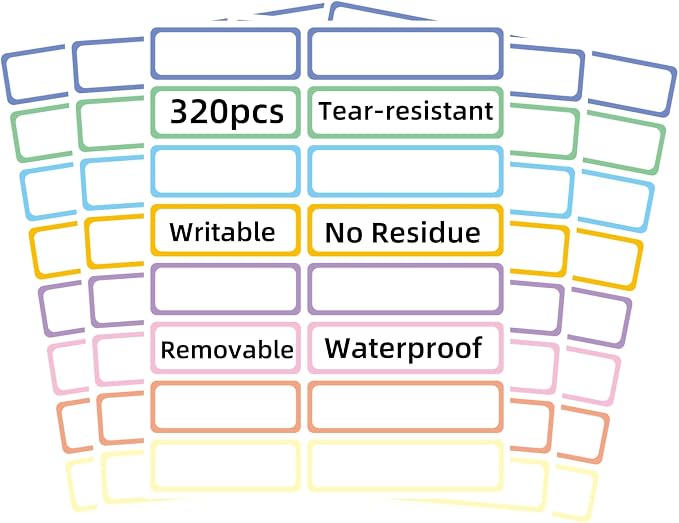 Removable Waterproof Labels 320 pcs for Daycare, Kitchen, Office, Home Organization Projects. Colored Border Labels