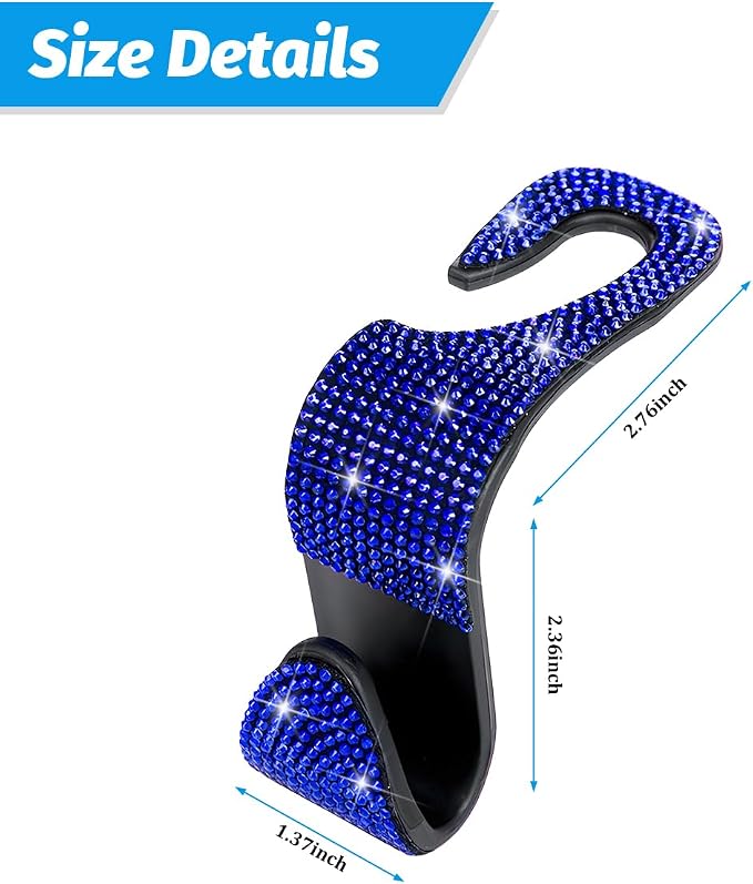 Zpana 4PCS Bling Car Seat Headrest Hooks, Vehicle Back Seat Purse Handbag Hanging Holder with Crystal Rhinestone, Diamond Storage Organizer Hook, Universal Automotive Accessories (Blue)