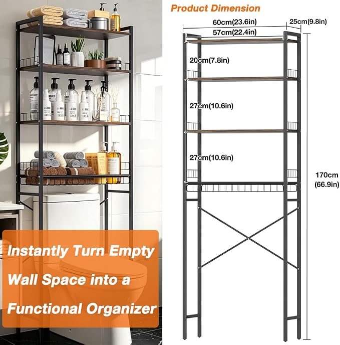 Over The Toilet Storage Rack 4-Tier Freestanding Bathroom Organizer Shelf Over Toilet with Adjustable Shelf & Basket, Space-Saving for Small Spaces, Rustic Brown