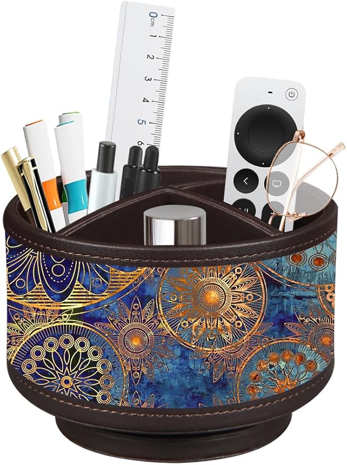 Pen Holder for Desk Organizers and Accessories, TV Remote Control Holder | PU Leather Nightstand Caddy, 360 Swivel TV, Art/Office Supplies Stationery, Table Bedside Decorations Living Room, Home Decor