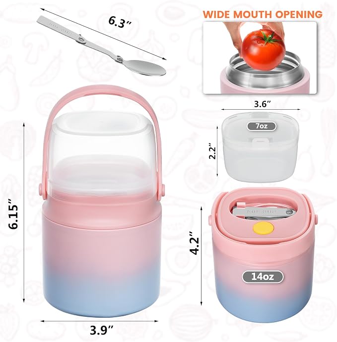 2 - in - 1 Soup Thermo for Hot Food 14oz with Snack Box Container Leak Proof Insulated Lunch Container Kids and Adults Stainless Steel Double Wall Vacuum Wide-mouth Thermal with Spoon and Handle