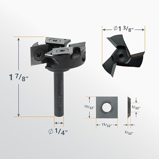 POWERTEC Slab Flattening Router Bit, 1/4" Shank, 1-3/8" Diameter, 1/2" Cutting Depth, 2+2 Flute Carbide Insert Woodworking Surfacing Bit for CNC Machine, Wood Milling & Live Edge Wood Planing (73054)