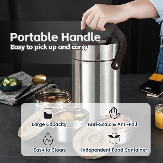 67oz Vacuum Insulated Food Container Set with 3 Stackable Compartments | Adults Thermal Lunch Box, Leak-Proof Stainless Steel Wide Mouth Thermal Food Jar for Hot Food, Office & Outdoor