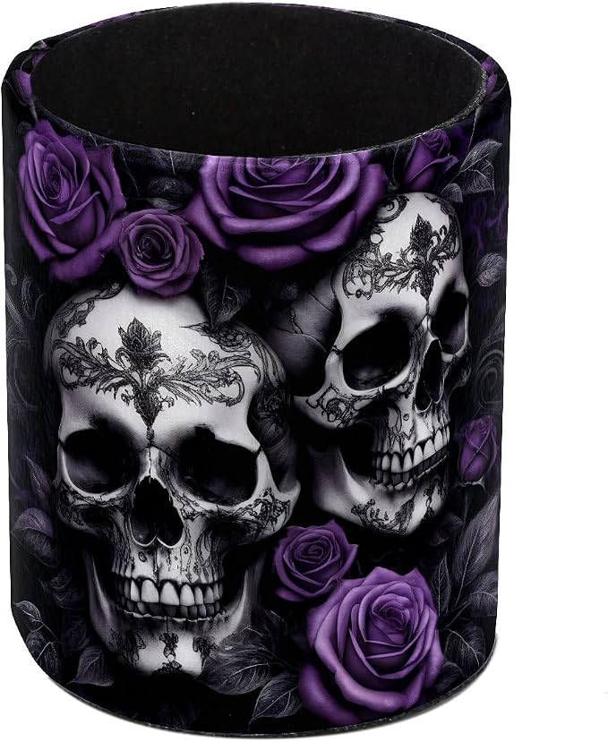 Skulls and Purple Rose Pen Holder Pencil Organizer for Desk, 3.1” x 3.1” x 3.9” Pencil Cup Office Supplies, Large Capacity Cute Pen and Makeup Brush Holder for Home, School, Desktop