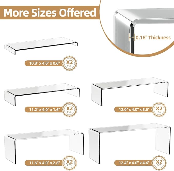 10 Pack Acrylic Spice Rack Organizer for Cabinet(10.8"~12.4"L), 5 Size Seasoning Organization with Non-Slide Silicone Pads, Clear Shelf Riser Storage Can & Cup for Kitchen Countertop, Cupboard, Pantry