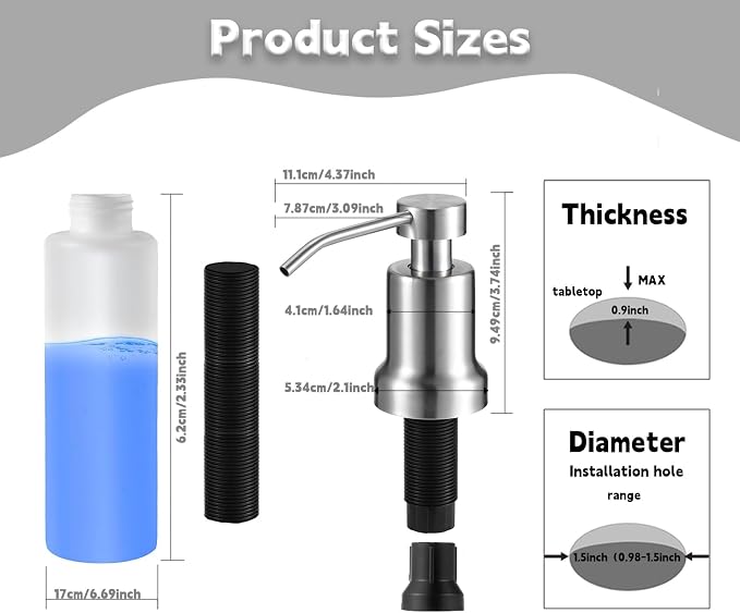 HAIOLORPRO Foaming Soap Dispenser for Kitchen Sink, Kitchen Bathroom Soap Dispenser Pump, Stainless Steel Foam Soap Dispenser with Two Spiral Tubes and 21oz Under Counter Plastic Bottle