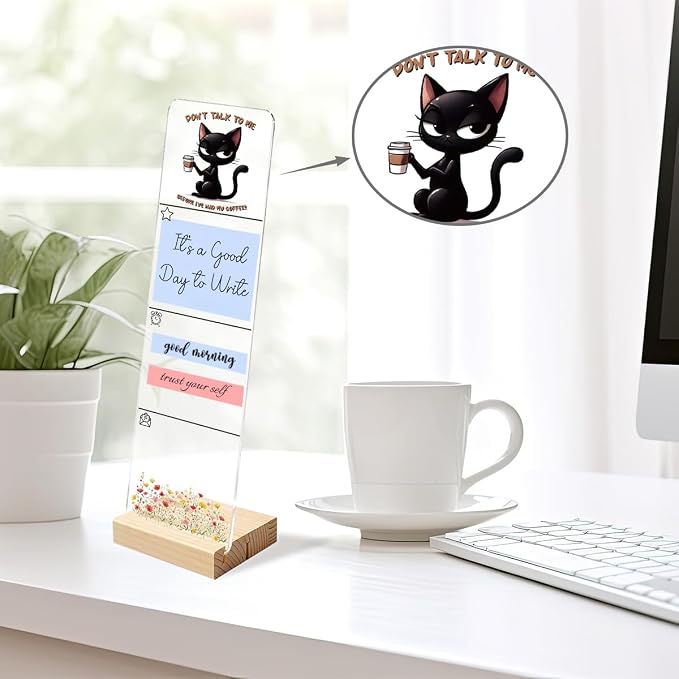 Sticky Note Holder, Monitor Memo Board, Acrylic Post It Note Holder with Wooden Base, Includes 200 Notes, Desk Organizer, Funny Black Cat Quote “Don’t Talk to Me Before Coffee”