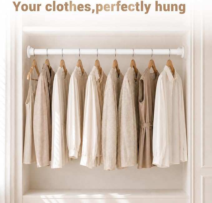 Closet Rod Adjustable 17-38”, Heavy Duty Hanging Clothes Rod, White | 1-1/4” Diameter, Stepless Metal Closet Bar, Wall-Mounted, For Hanging Clothes, Walk-In Closet, Wardrobes, Laundry Room, RV