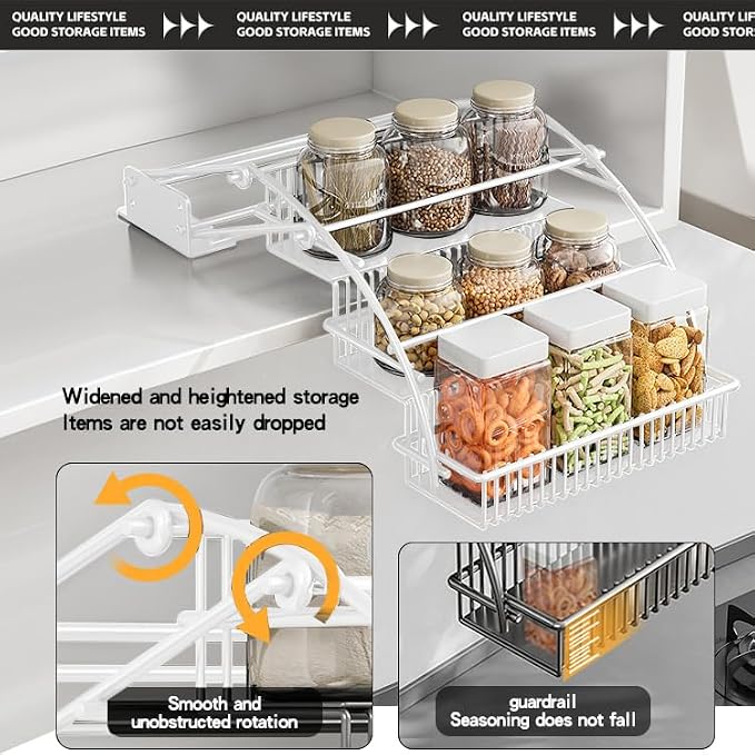 3-Tier Pull Down Spice Rack Organizer for Inside Cabinet Expandable Display Riser Shelf Seasoning Shelf (10.8IN/White)