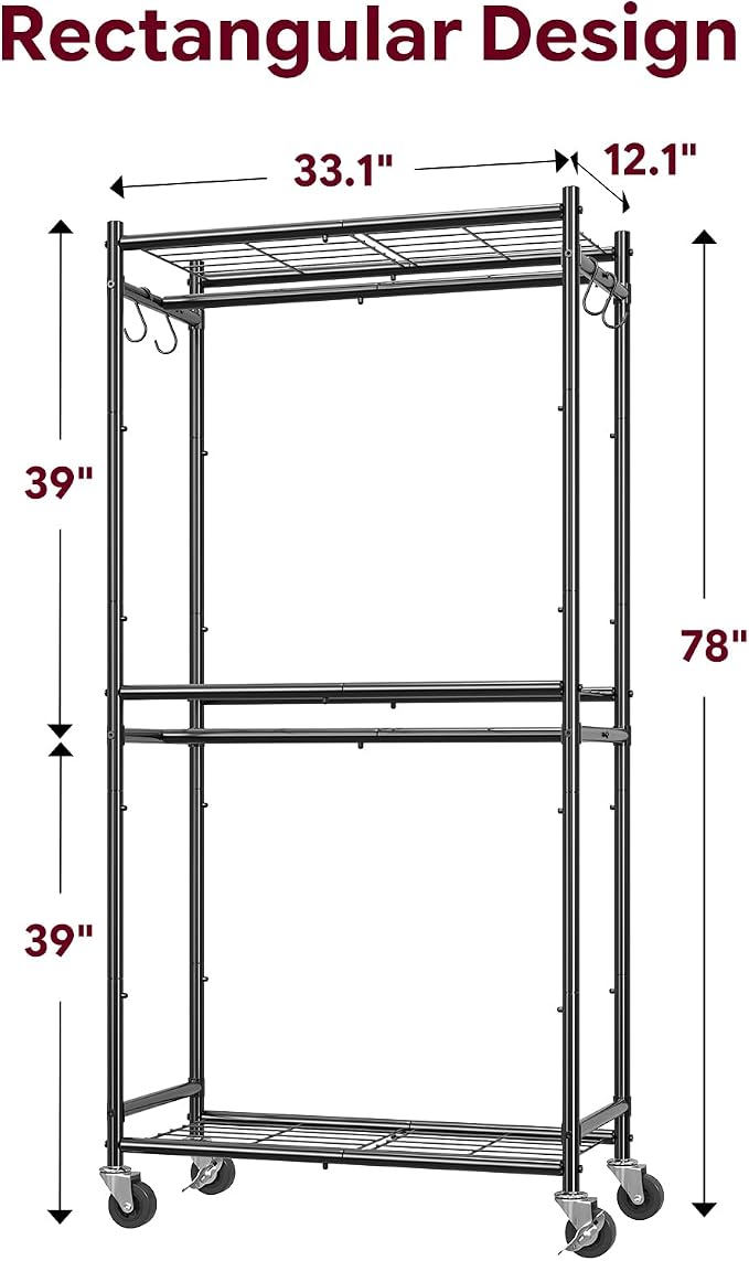 Simple Trending Clothes Rack, Portable Closet with Mesh Shelves, Black | Wardrobe Closet with Hooks, Multi-Functional, Sturdy Metal Garment Rack for Bedroom, Laundry