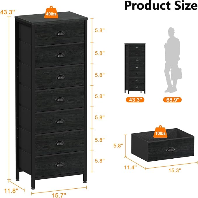 Furnulem Black Bedroom Dresser, Tall Chests of Drawers with 7 Fabric Bins | Sturdy Steel Frame, Wooden Top, Organizer in Closet, Tall Nightstand for Dorm, Living Room, Hallyway-Storage Tower Unit