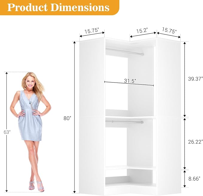 Homieasy Corner Closet System Modular with Upper & Lower Hanging Areas and Shoe Shelf, Corner Wardrobe Organizer, Easy Assembly, Anti-Tip Design, Perfect for Bedroom or Walk-In Closet, White