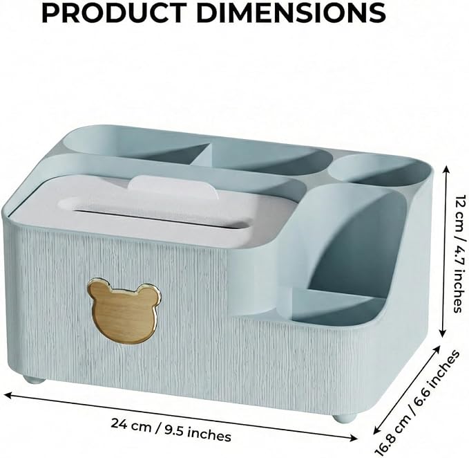 COVRA 9.5 x 6.6 x 4.7 inches Desk Organizer with Tissue Box Holder - Multifunctional Desktop Storage Caddy with Pen Holder, Cute Bear Design - Plastic (Light Blue)