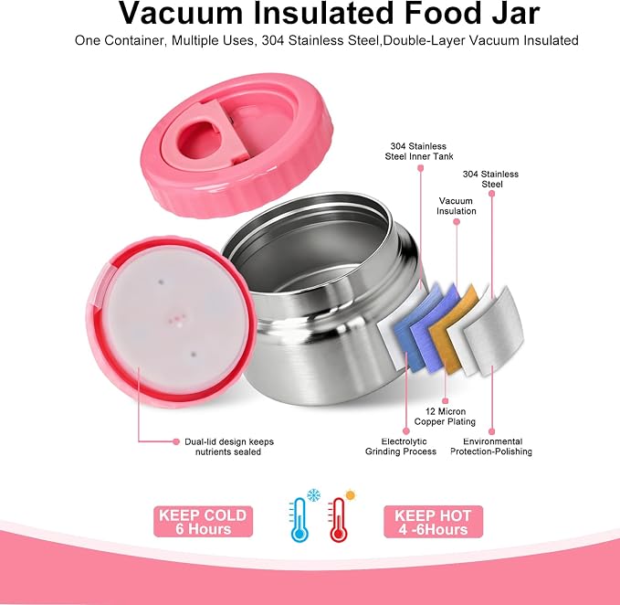 Vacuum Insulated Food Container for Hot & Cold Food, Easy to Open No Twisting Lid, BPA-free，Leak Proof (Pink)