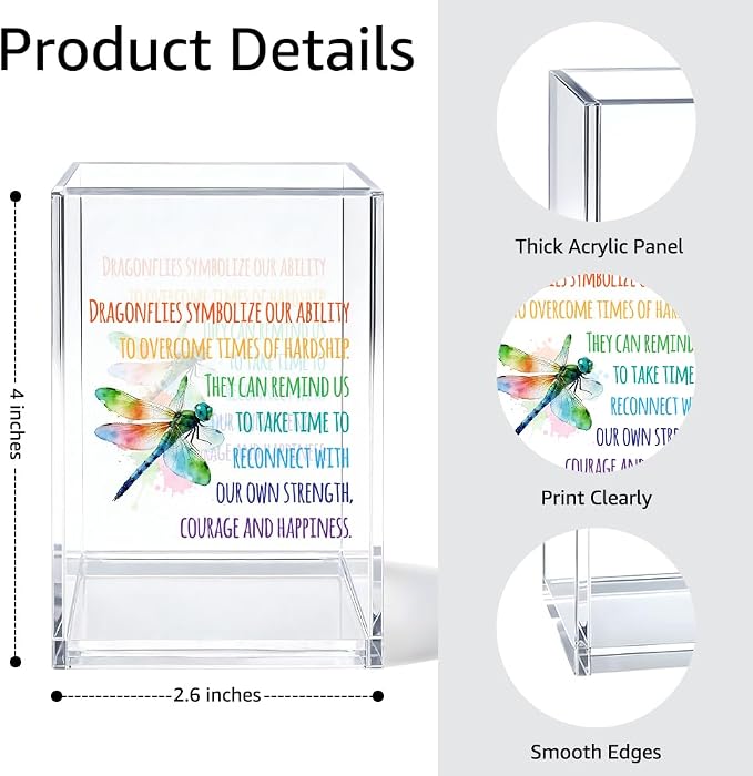 Dragonflies Symbolize Our Ability Acrylic Pen Holder Cosmetic Organizer, Funny Dragonfly Pen Pencil Holders for Desk, Desk Accessories Office Gifts for Dragonfly Lover Teacher Coworker Daughter