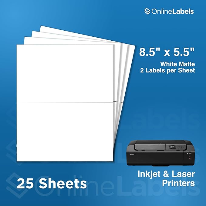 8.5 x 5.5 Half-Sheet Shipping Labels - Permanent, White Matte - for FBA, FedEx, UPS - Pack of 50 Labels, 25 Sheets - Inkjet/Laser Printers - Online Labels