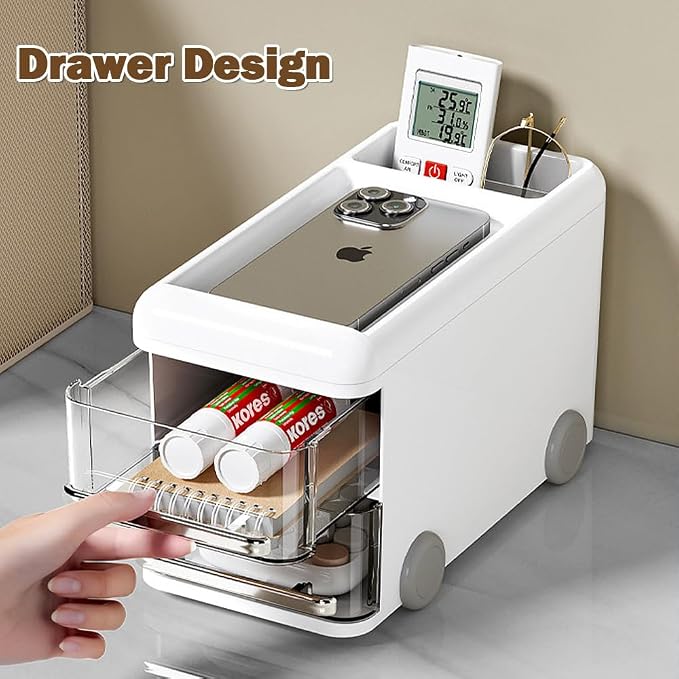 LETURE Cute Desk Organizer with drawers, Plastic Desktop Storage for Business Card/Pen/Pencil/Mobile Phone/Stationery Holder Box, Desktop Organizer for Office School Home (White)