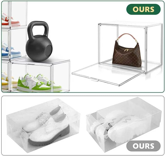10 Pack Acrylic X-Large Sneaker Shoe Storage Display Case Shoe Boxes Clear Plastic Stackable Bins Boot Handbag Organizer Shoe Cabinet with Magnetic Lids,Size 14