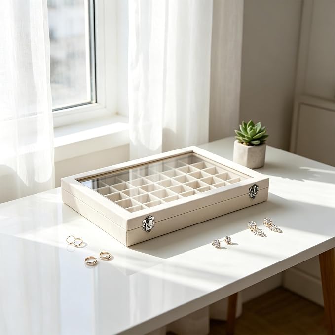 Stratalife Jewelry Organizer 48 Grid Jewelry Trays with Dust-proof Lid Velvet Earring Organizer Ring Holder Accessories Box Necklaces Earrings Storage for Women Drawers Cream