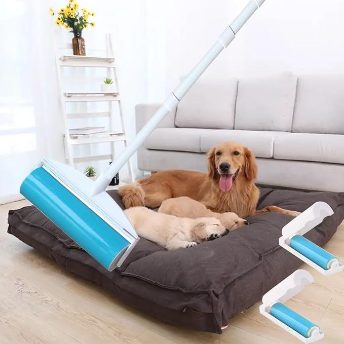 8" Large Reusable Lint Roller, Giant Washable Pet Hair Remover with Extendable Handle, Long Sticky Lint Brush for Furniture, Carpet, Sofa and Clothes, 1 Large, 1 Refill and 2 Mini Size